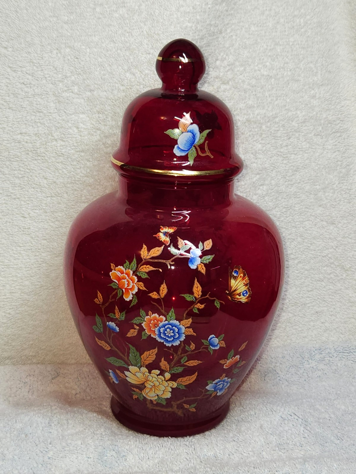 Vintage Norleans Ruby Red Glass Ginger Jar Flower Butterflies 11″ Tall