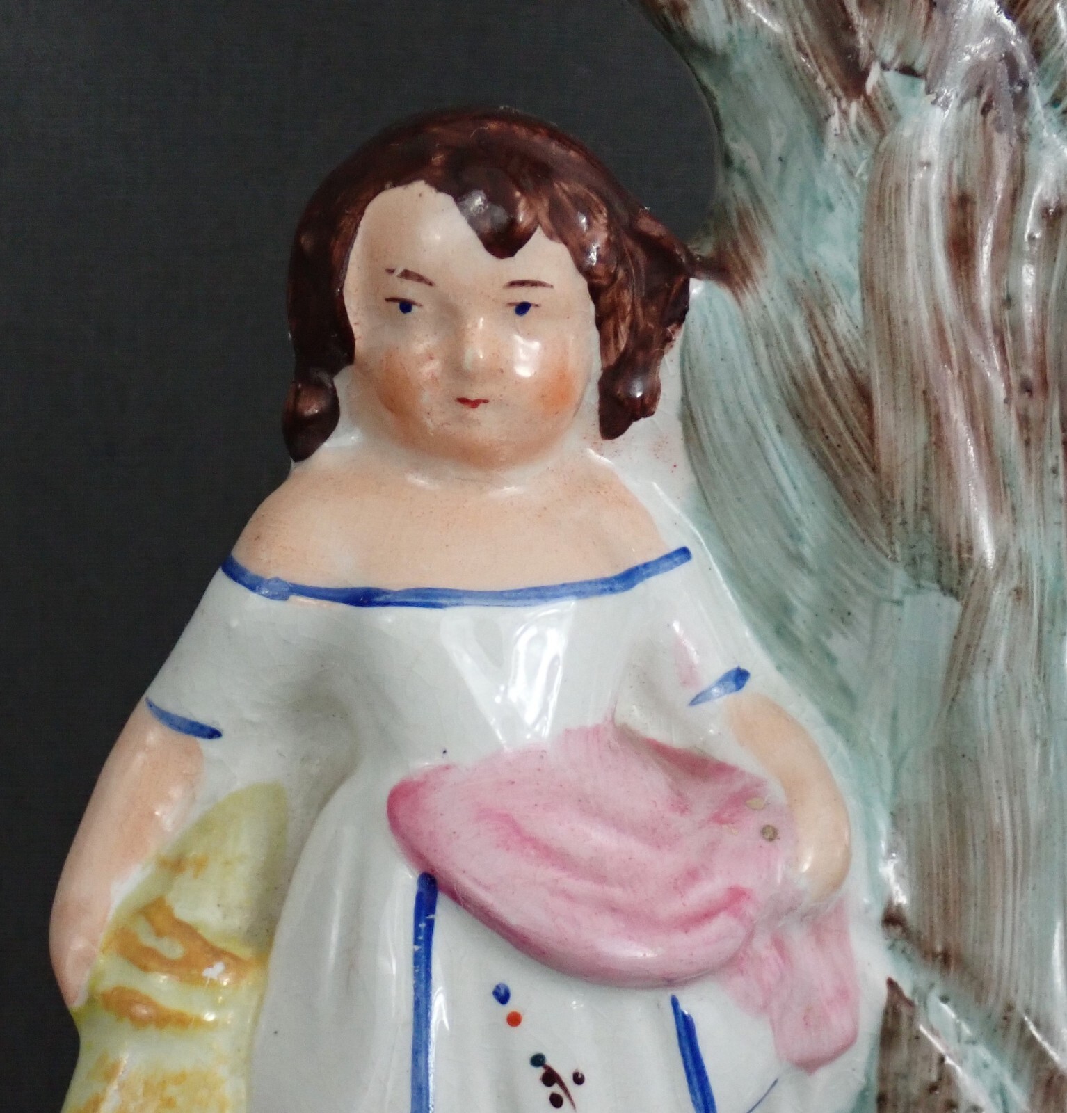 1850s Flatback Staffordshire Pottery Spill Vase Pair Boy/Girl Harvesters #5