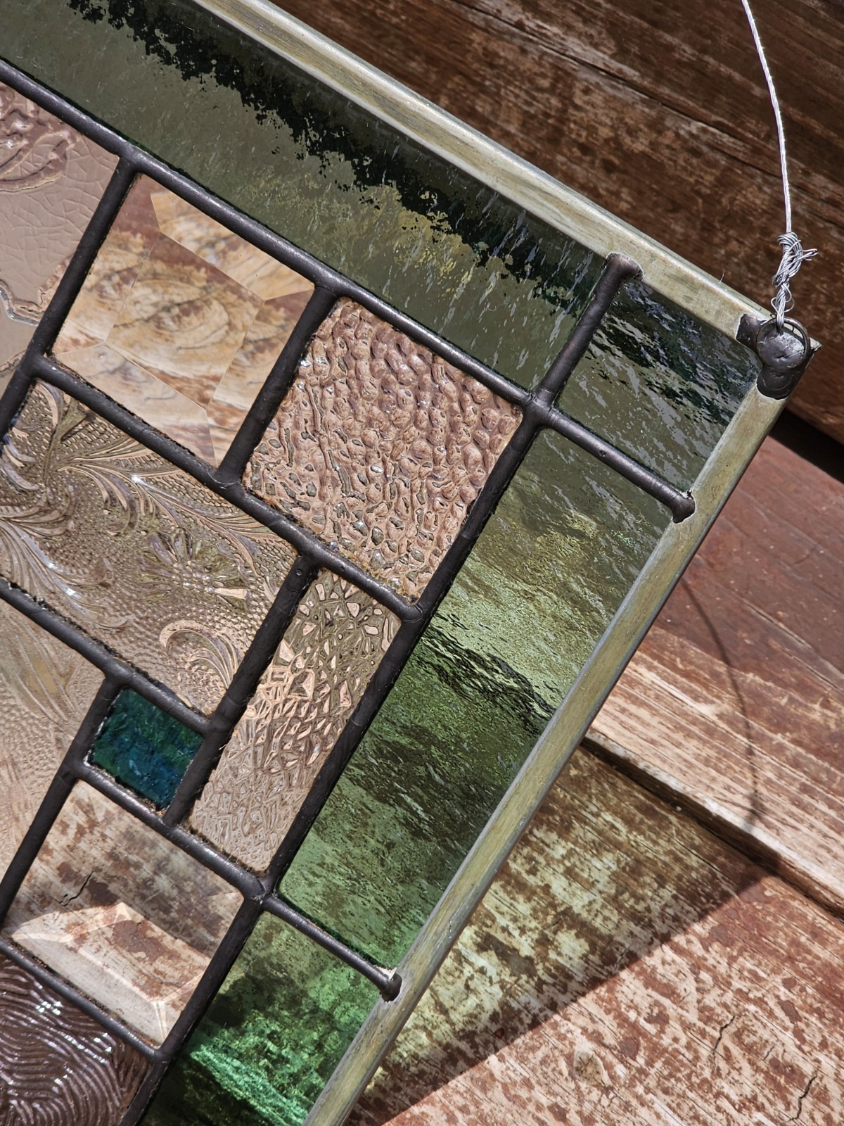 Handmade Stained Glass Panel Sun Catcher Hanging Green Clear Vintage Rectangle
