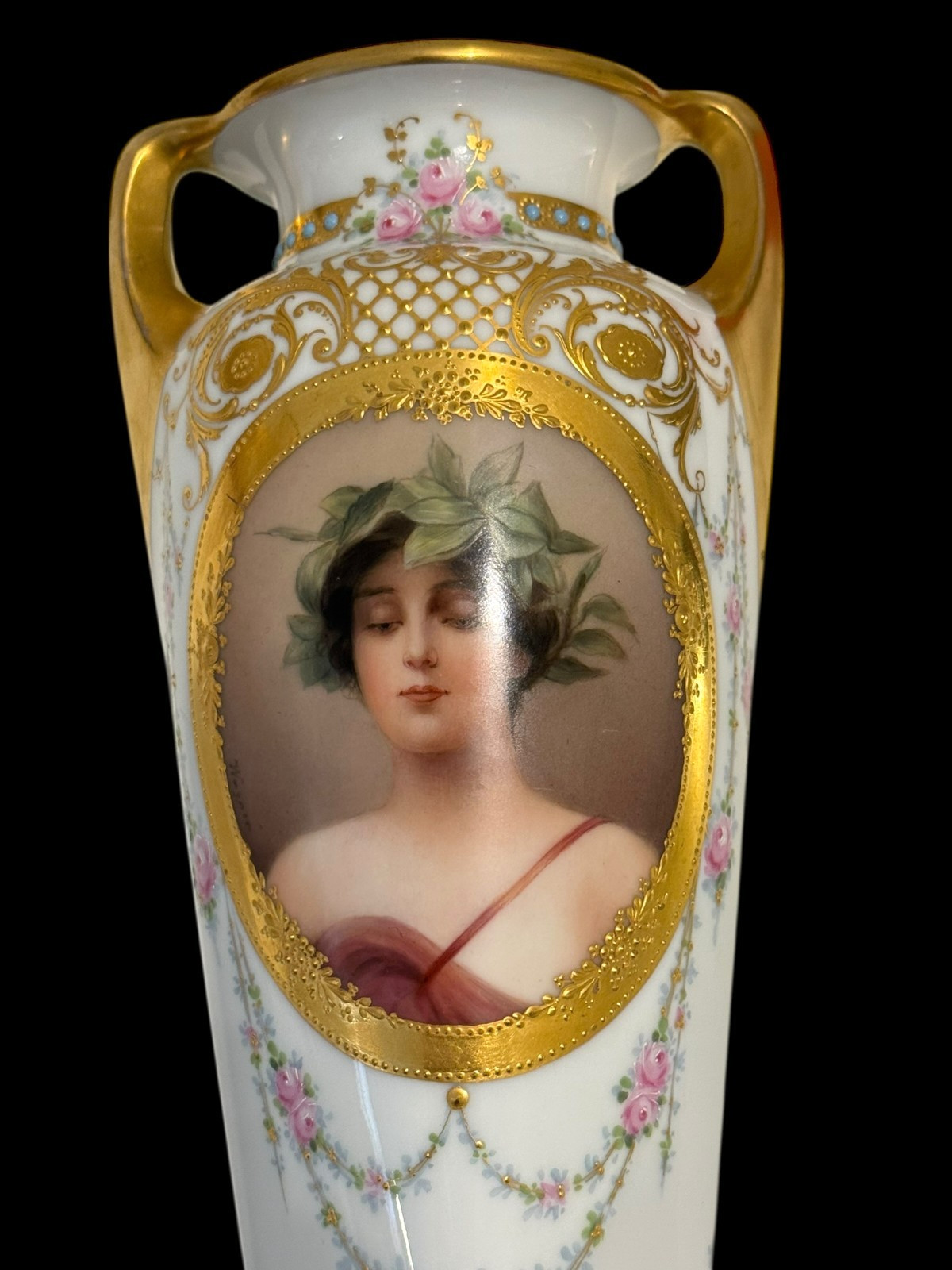 Antique Royal Vienna Hand Painted Wagner Jeweled Porcelain Daphne Portrait Vase