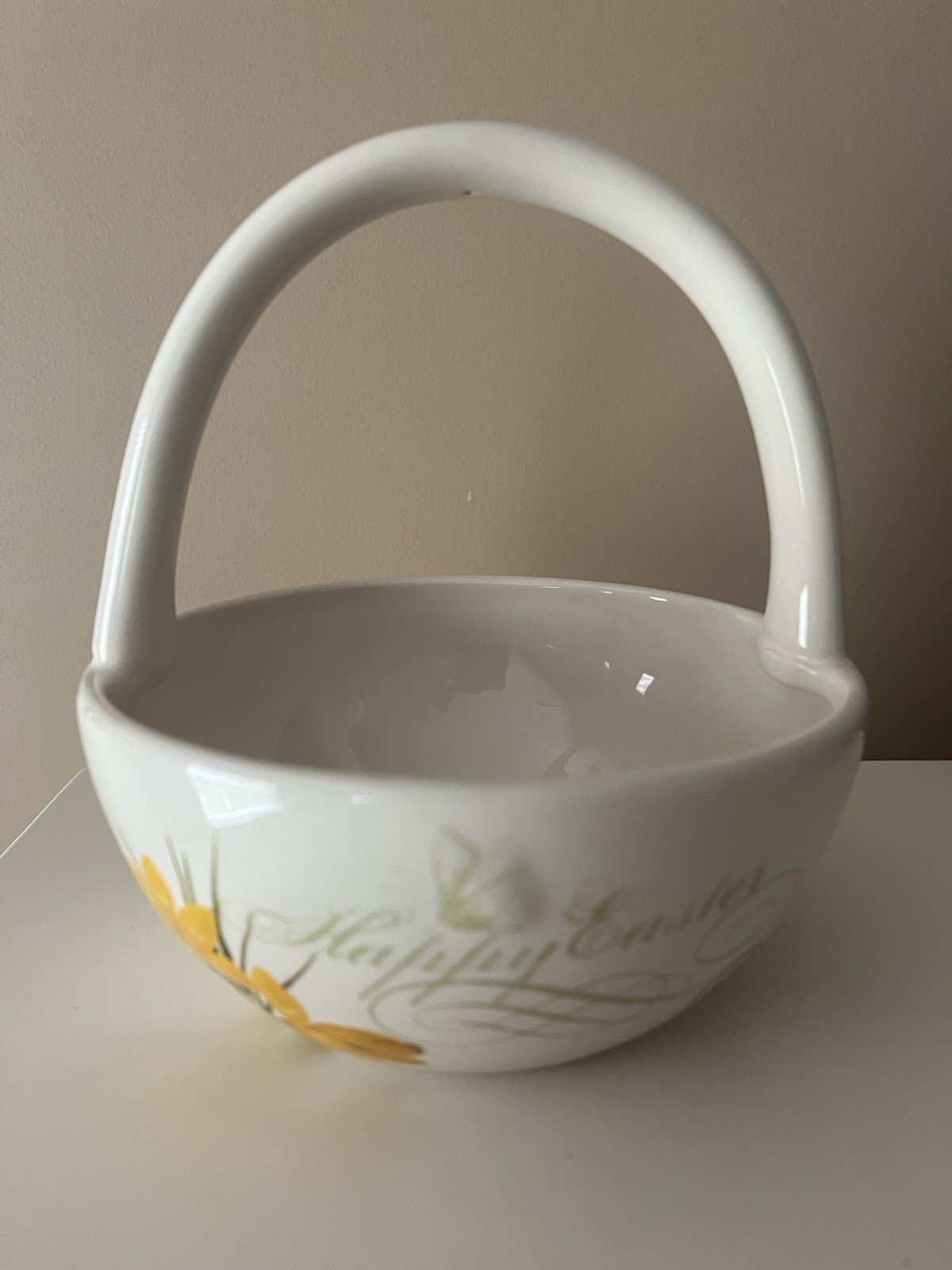 Blossoms and Blooms Happy Easter Ceramic Basket Candy Dish with Handle