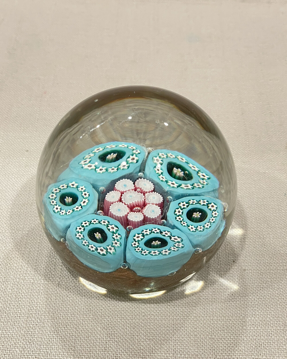 Italian Murano Millefiori Art Glass Paperweight Baby Blue W/ White Flowers 2.5in