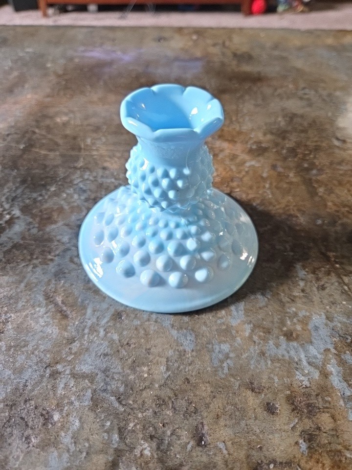 Vintage Single Fenton Blue Swirled Slag Glass Hobnail Taper Candle Holder