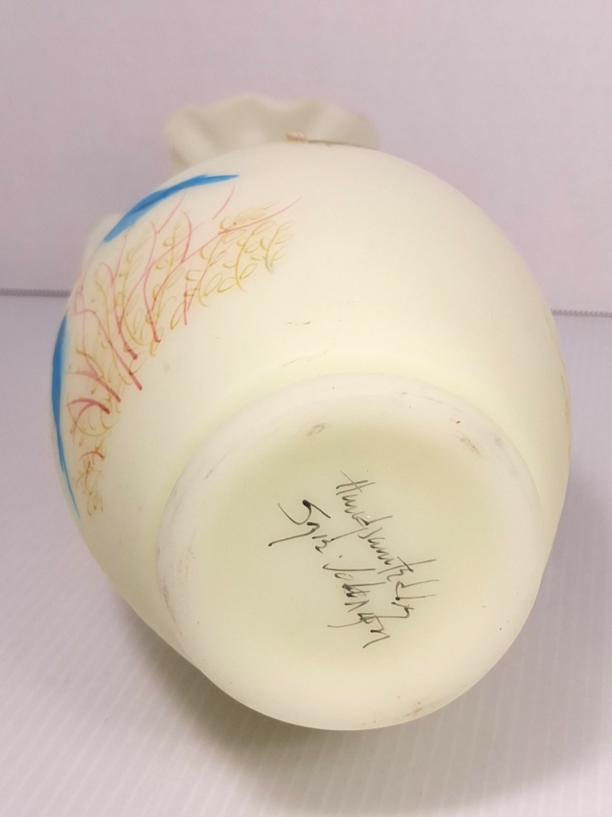 RARE Fenton Custard Uranium Glass Blue Birds Vase Hand Painted w/ Sticker