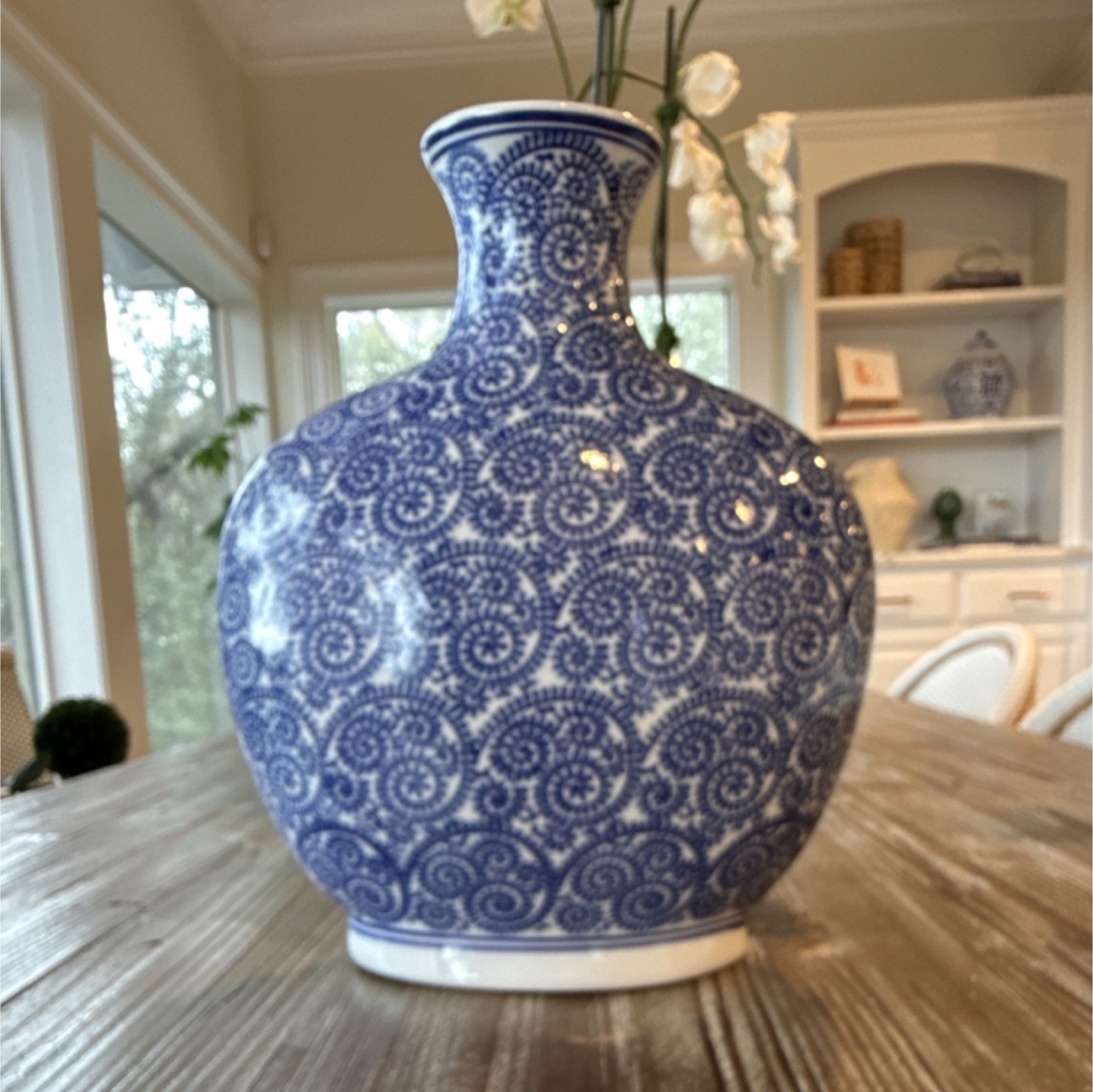 Blue and White Ceramic Vase, 16in, Glossy All-Over Pattern Pottery