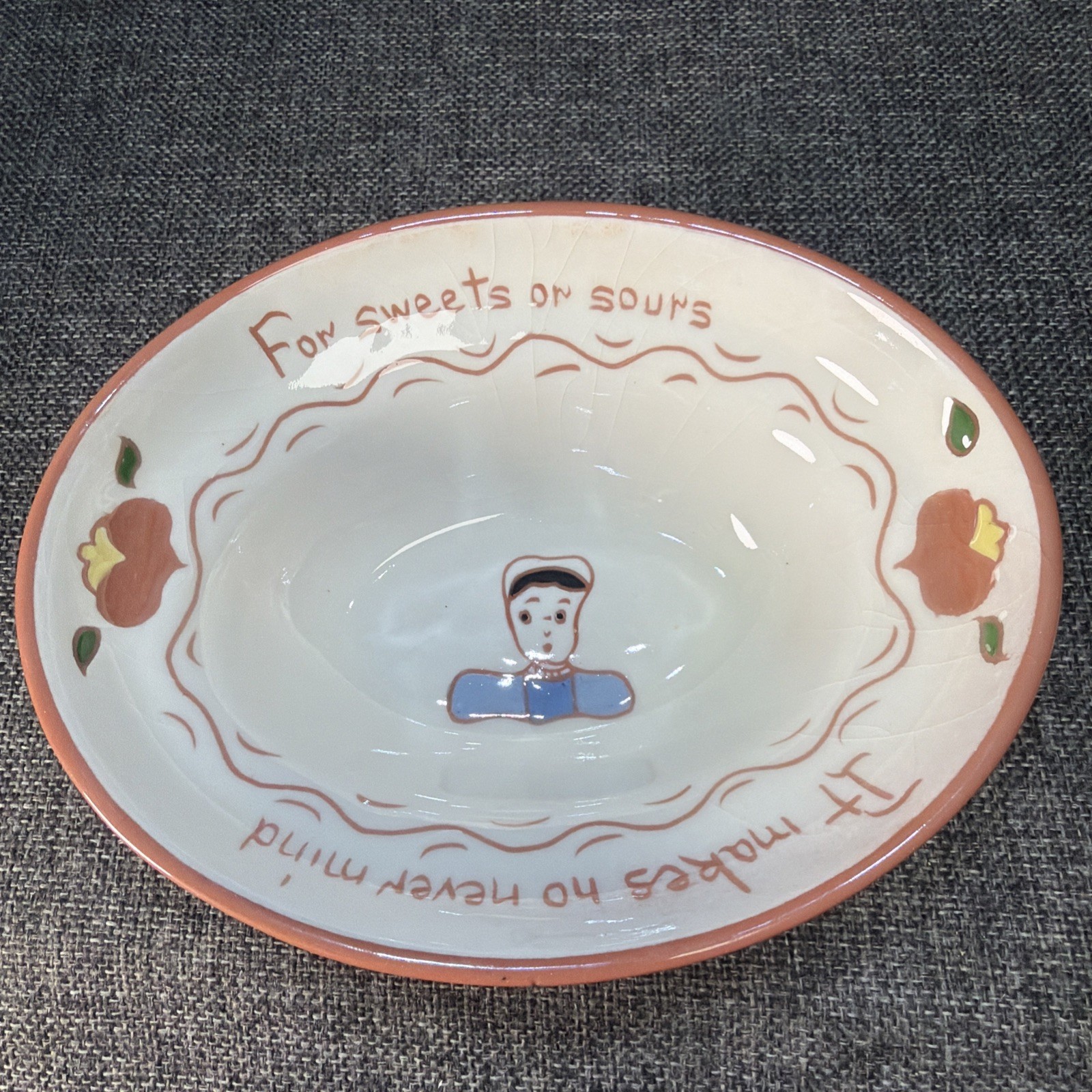 VTG Ruth Price Pennsylvania Dutch Motto Ware Candy Dish For Sweets Or Sours
