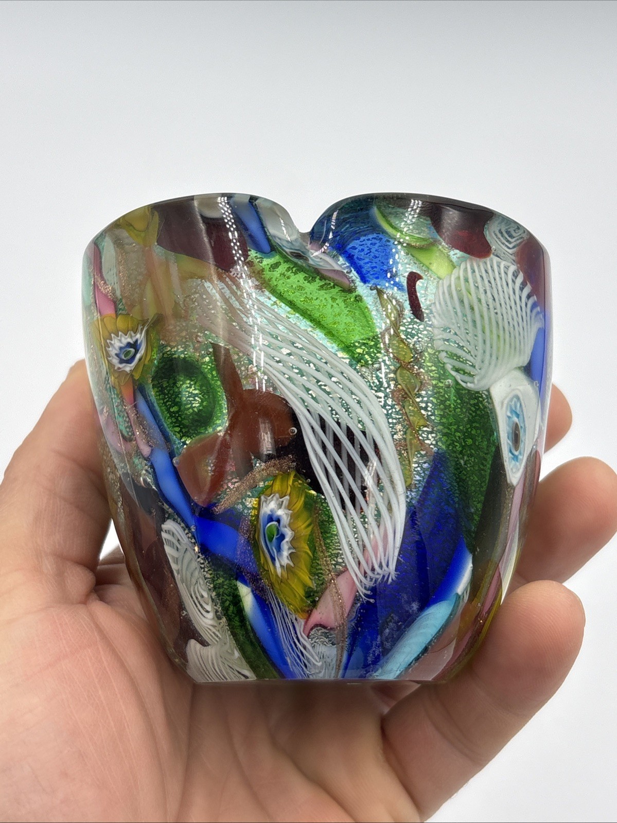 Murano Glass Small Vase “Tutti Frutti” Dino Martens 3-1/4” T. Triangular As Is
