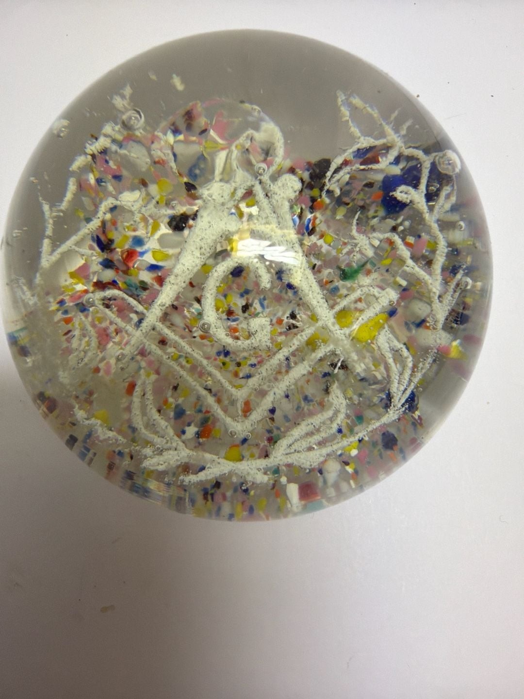 Vintage Hand Blown Glass Masonic Paperweight with Multi-Color Spatter and White