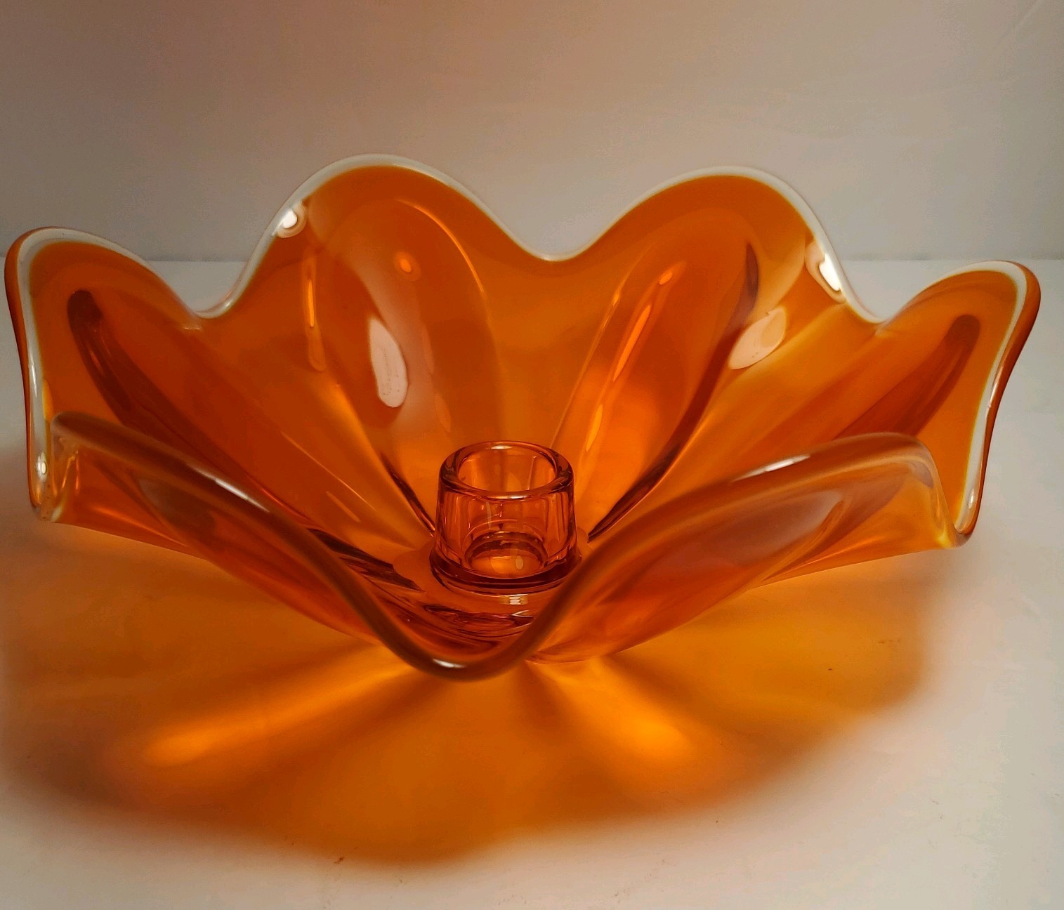 Vtg Mcm Viking Glass Orange Persimmon Flower Petals Smooth Candlestick Holder