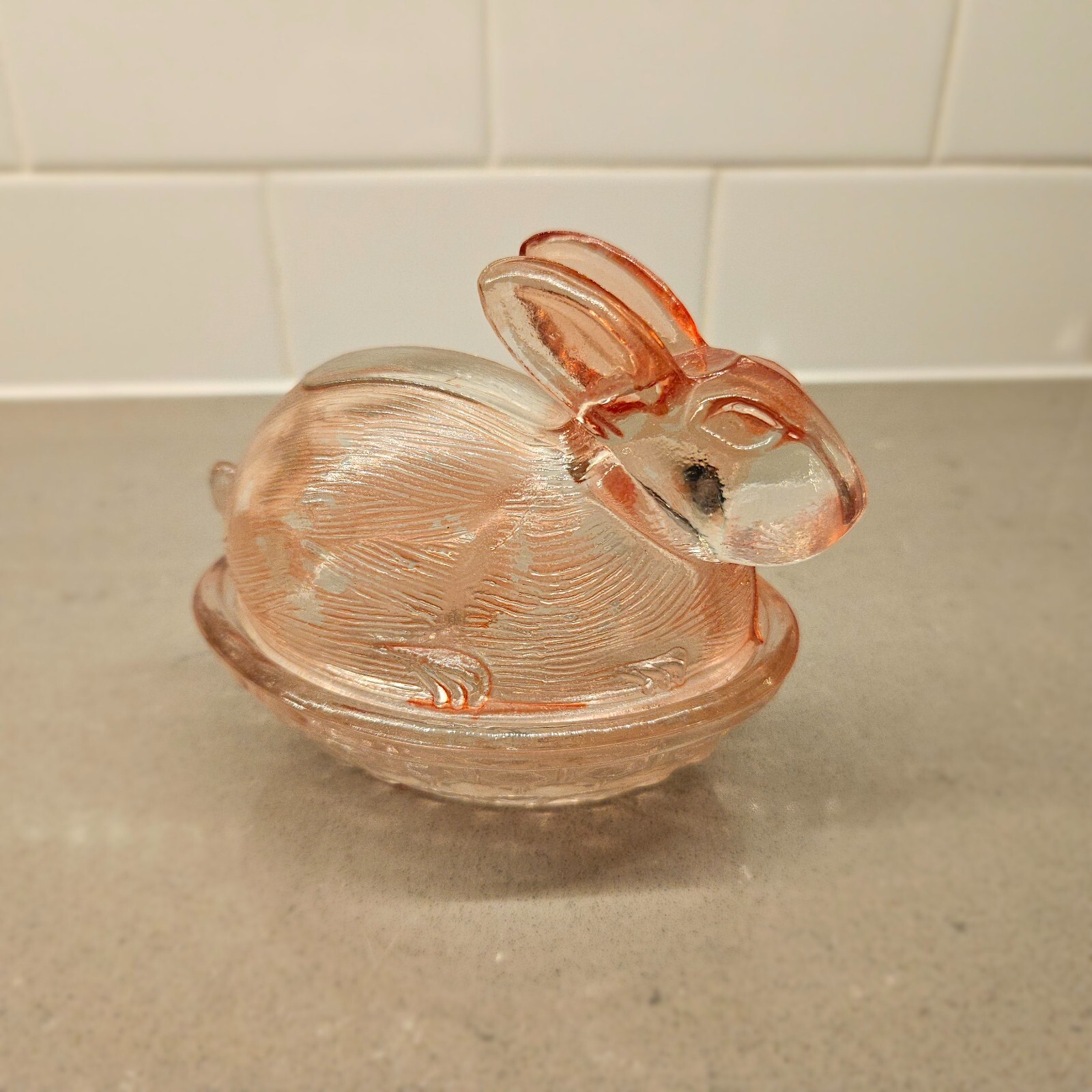 Vintage LE Smith Pink Glass Bunny Rabbit On Basket Nest Trinket Box Candy Dish