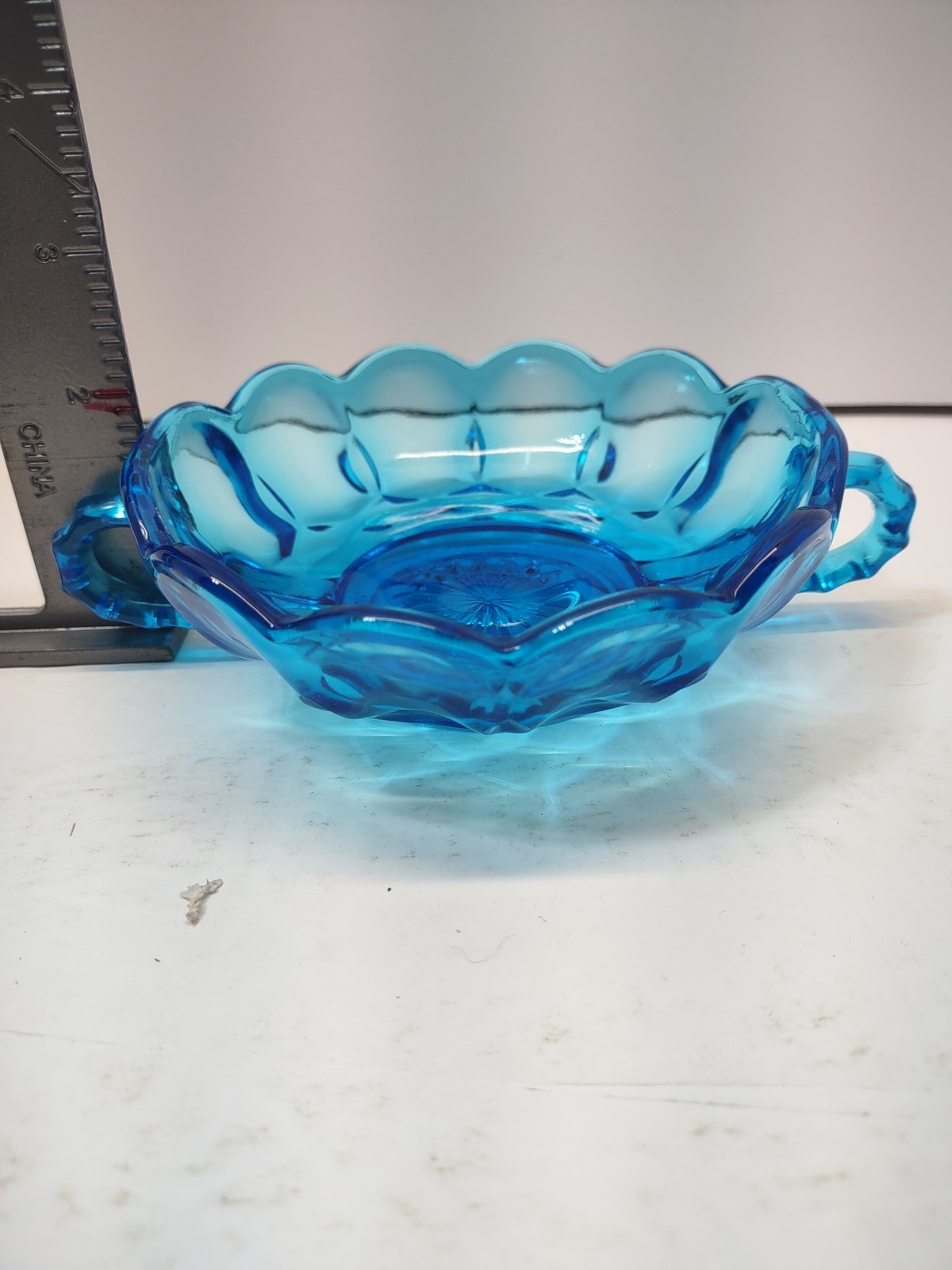 Vintage Depression Glass Blue Scalloped Footed Handled Bowl Dish Starburst