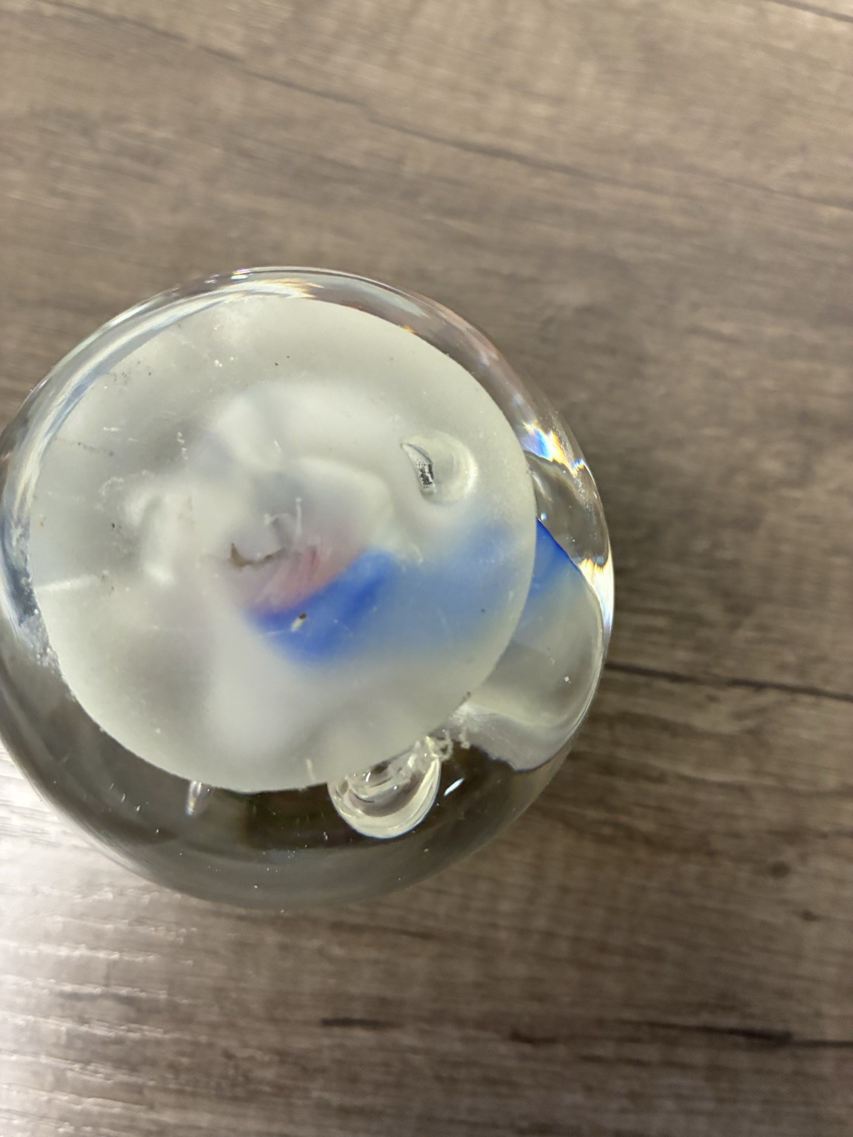 Hand Blown Paperweight Decorative Blue White Pink Green Swirls Signed Karg