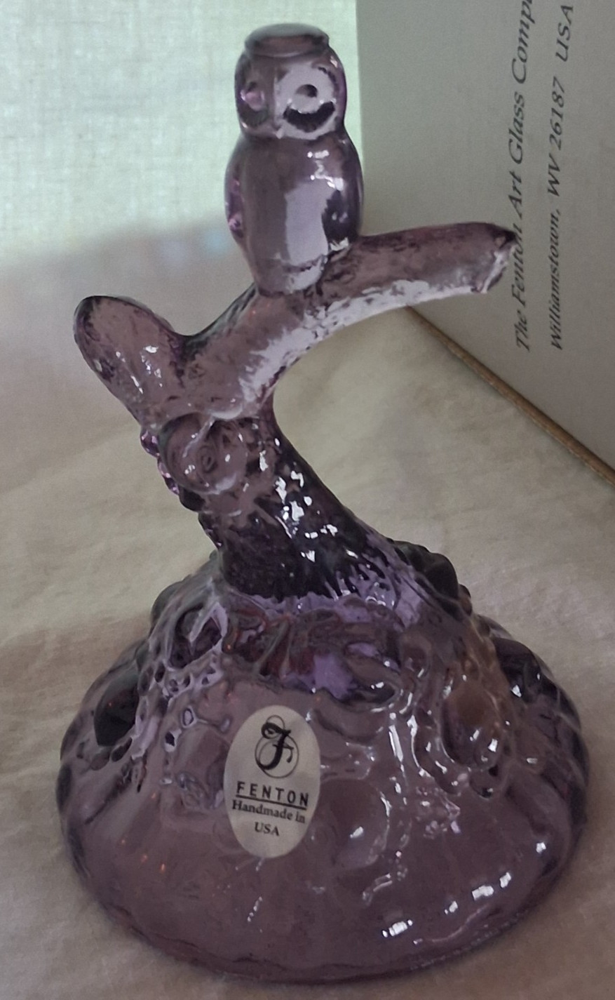 Fenton Art Glass VIOLET Owl on Tree Branch w/Cabbage Rose Base Ring Holder 4.5”t