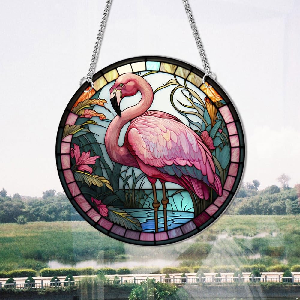 Flamingo Round Stained Acrylic Window Hanging Panels Indoor Outdoor Windows H…