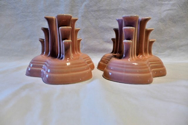 VTG Fiesta Art Deco Rose Pink Tripod Candle Holders Homer Laughlin USA Pair 2