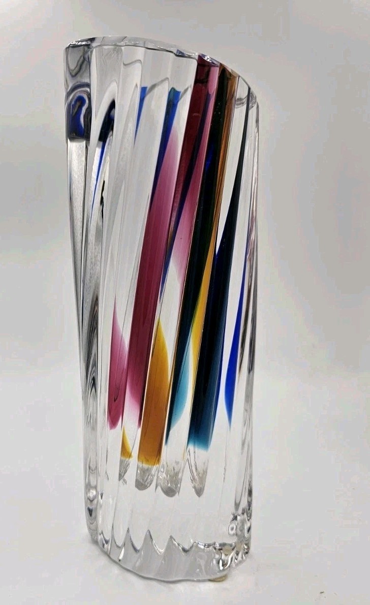 Kosta Boda Signed Vase Goran Warff Vertical Rainbow Fluted ART Glass Vase 9.75″
