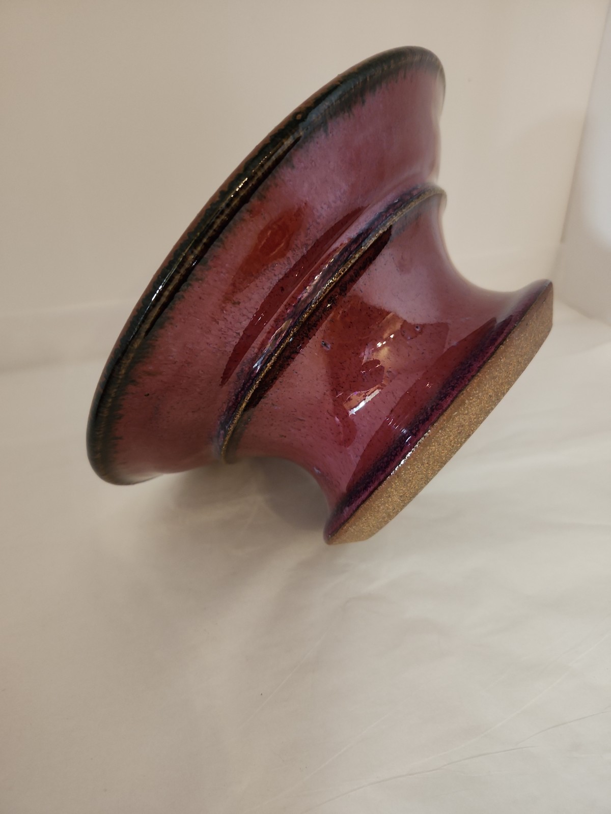 Ikebana 8.25″ Vase W Flower Frog Purples Maroon Blues Pottery Round Disc Signed