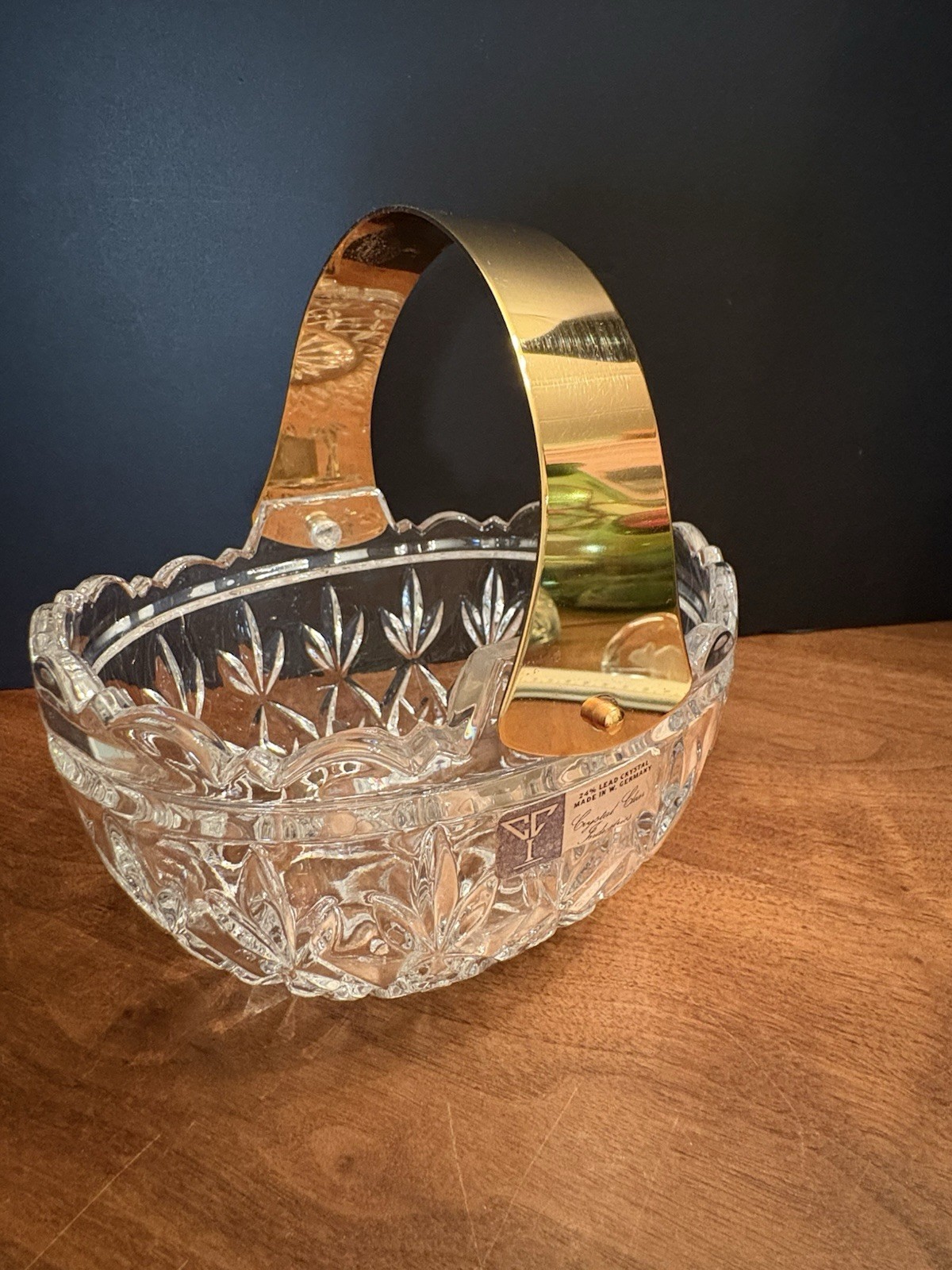 Vintage Crystal Clear Industries 24% Lead Crystal Basket W/ Metal Handle Germany