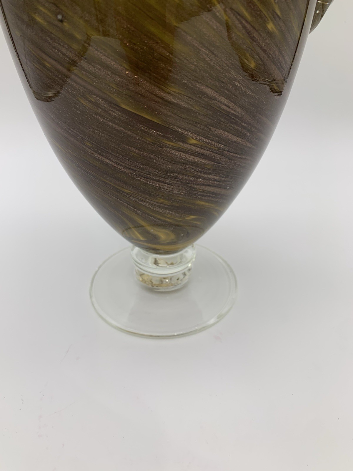 Vtg. Smokey Ornate Gold Glitter Accent Swirl Art Glass Pitcher Vase With Handle