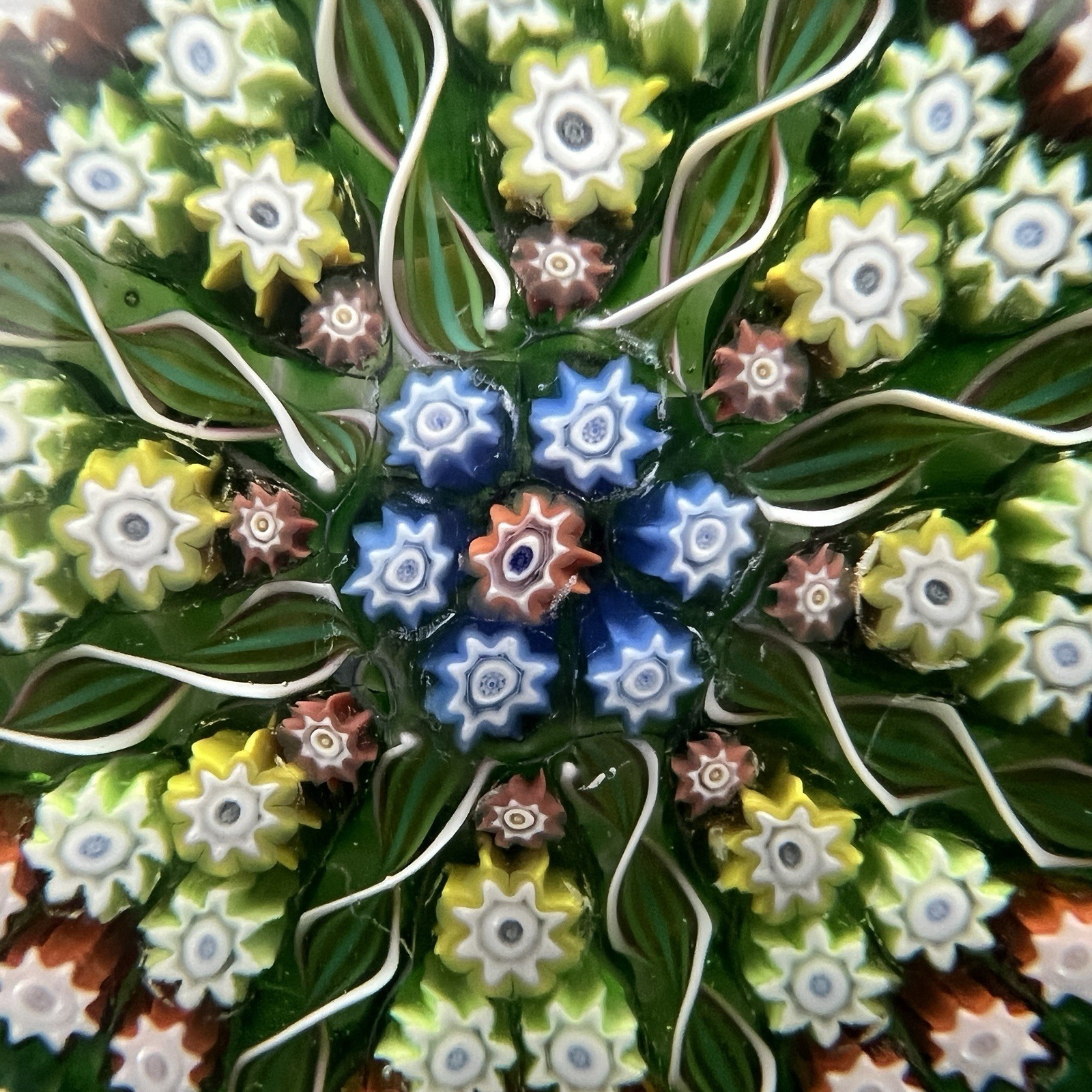 Vintage Perthshire Art Glass Paperweight Millefiori 8 Spoke Green Ground 2.5”