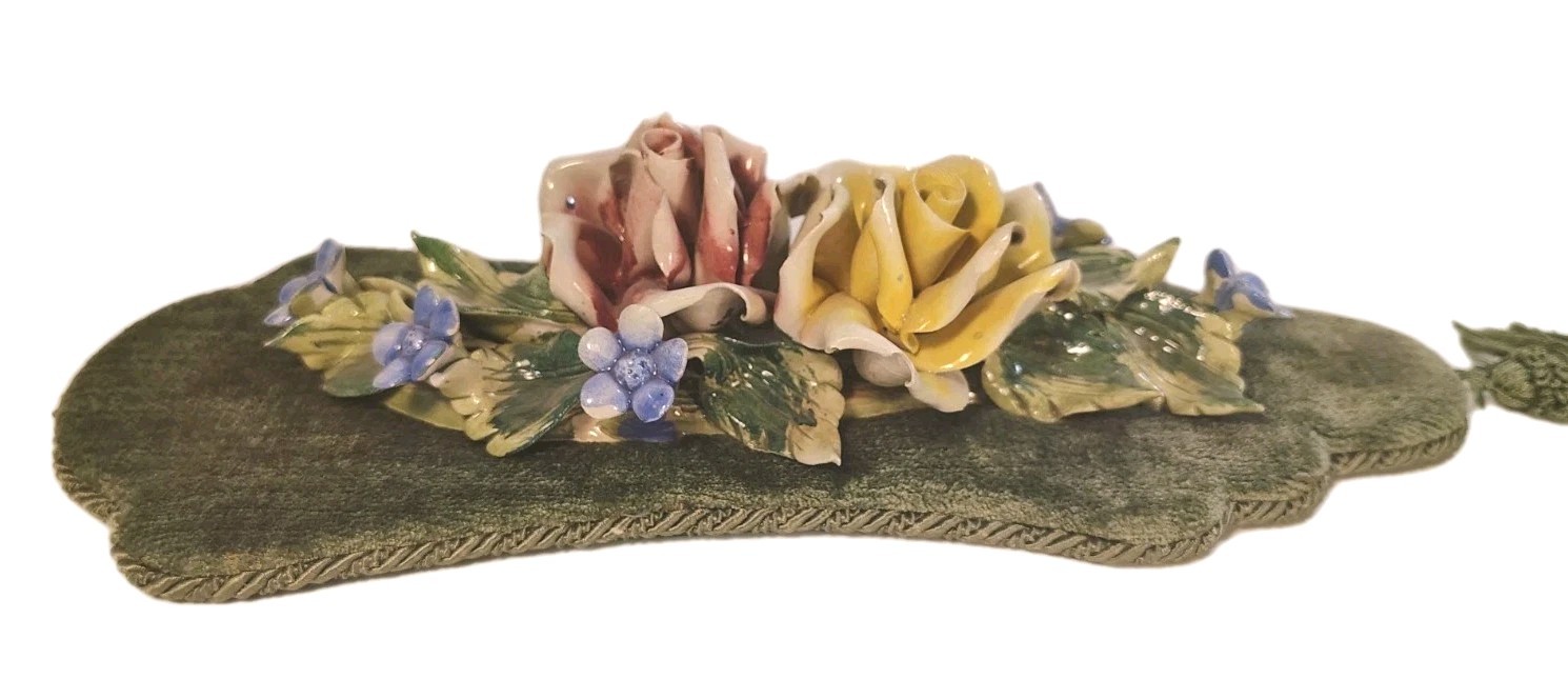 Vintage MC Italy Capodimonte Porcelain Roses On Green Velvet Wall Art 11.75 “