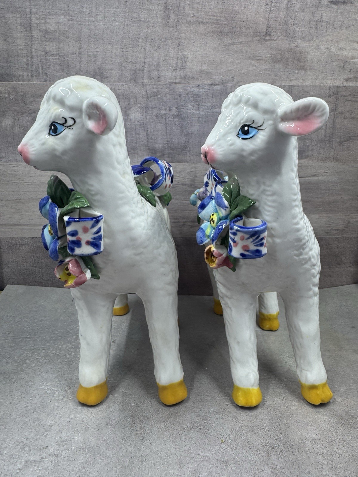 Vintage Porcelain LAMB Figurine Hand-Painted Flowers Capodimonte Style Set Of 2