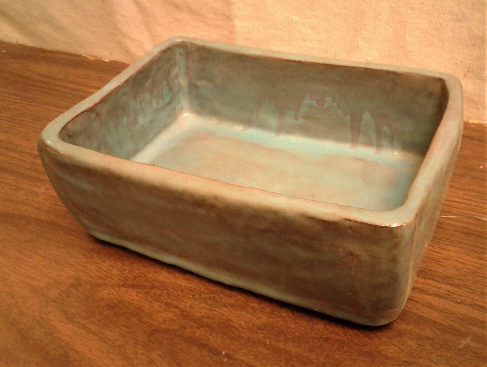 Vintage Studio Art Pottery Redware Turquoise Drip Glaze Rectangle Planter Signed