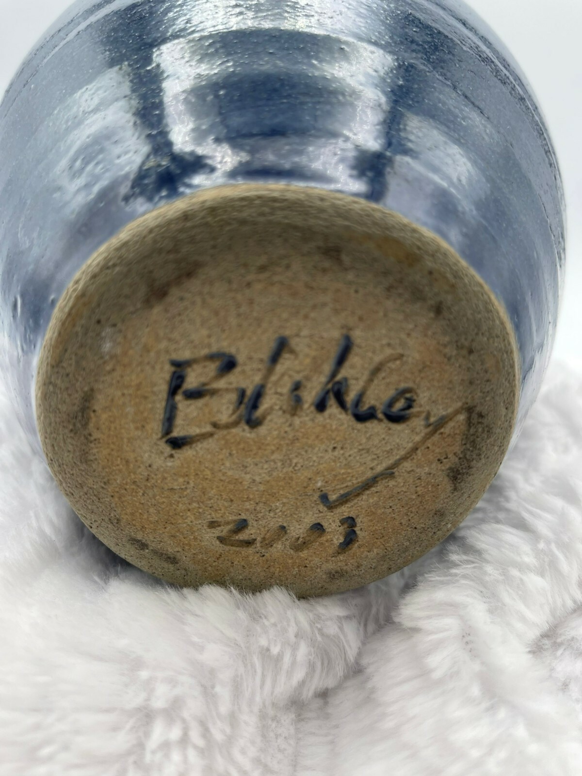 Beautiful Blue Handcrafted Vase, Unique Style, 2003, Artist Signature