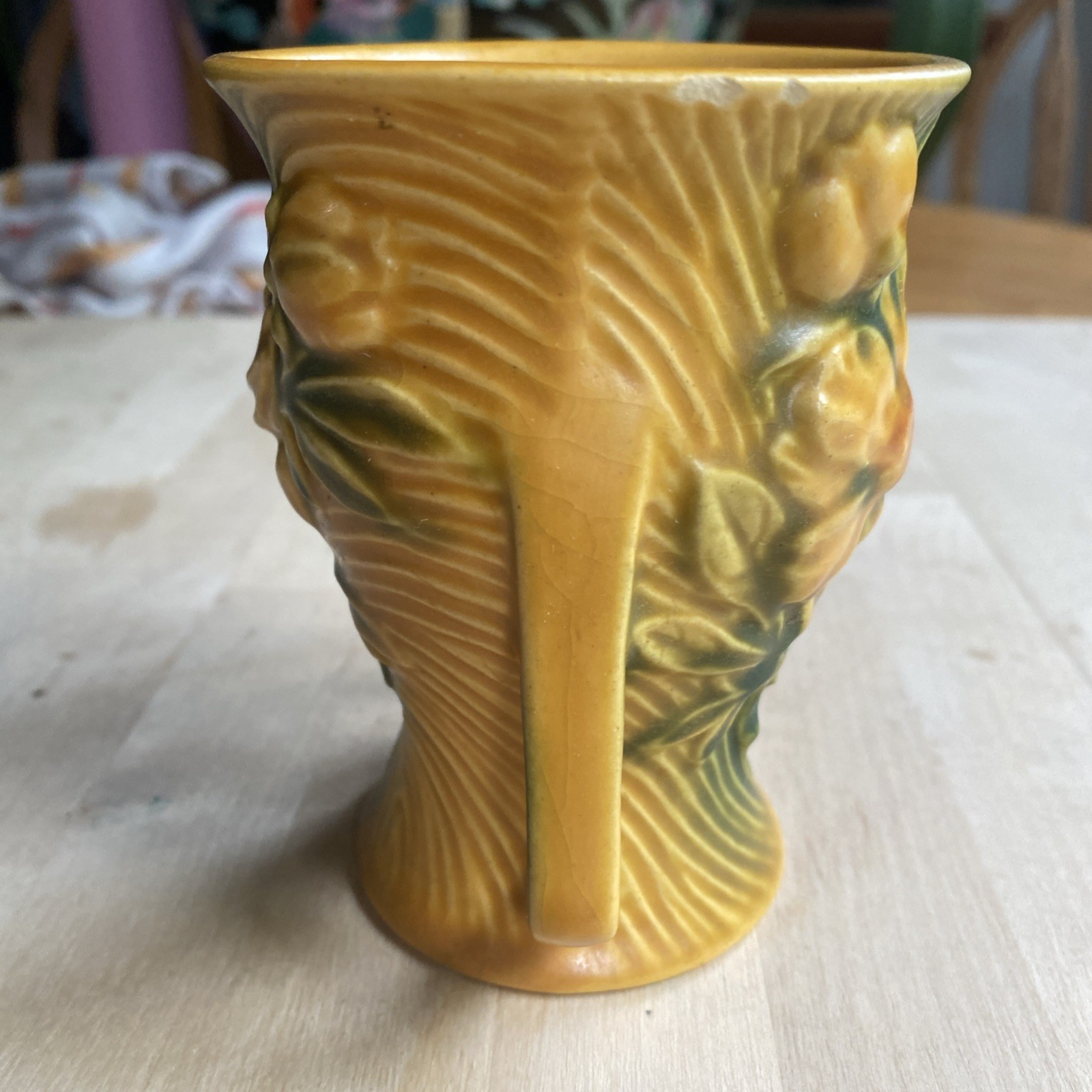 VTG Roseville Pottery USA 57-4 Yellow Green Peony Small Two Handled Vase