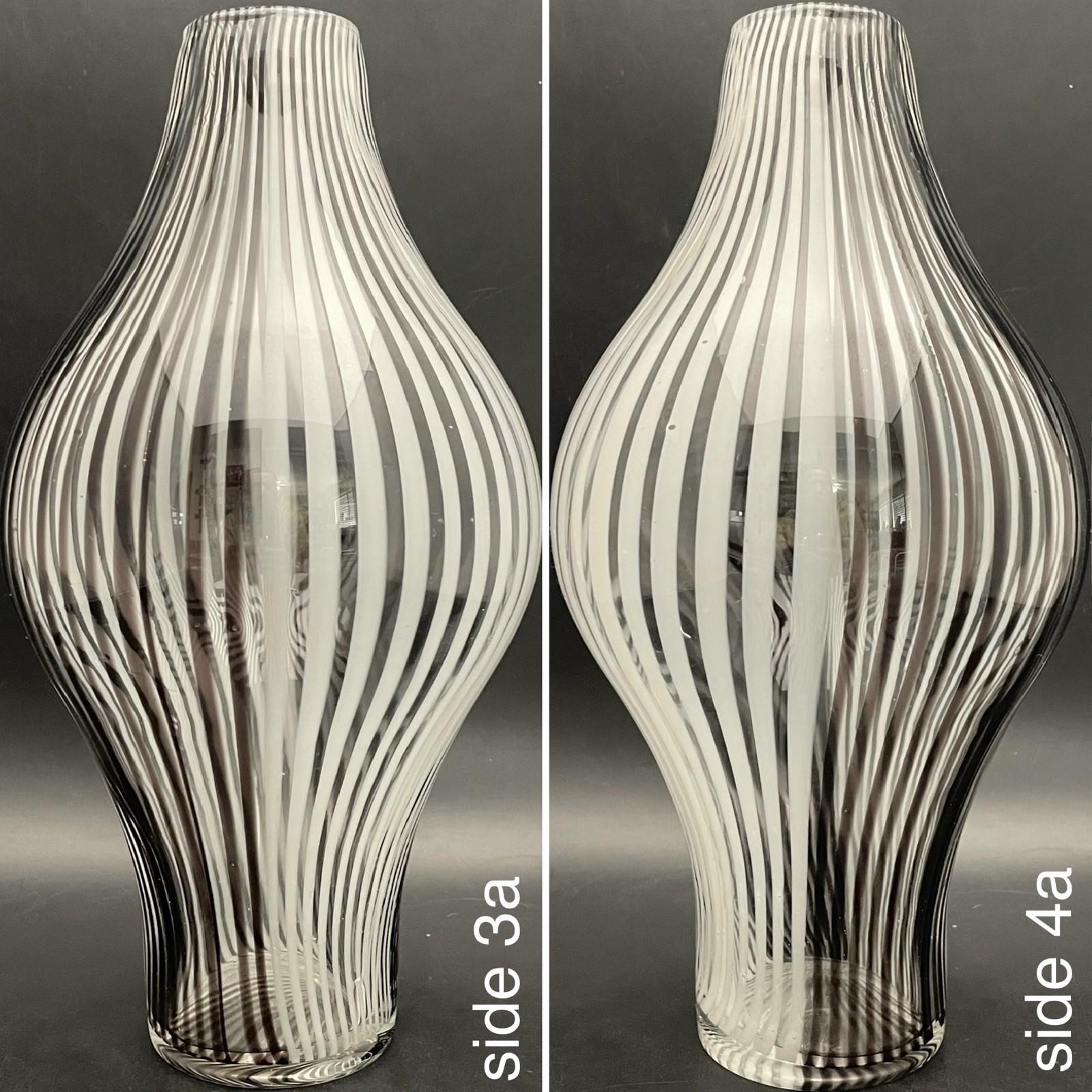 Mezza Filigrana Black White Art Glass Asymmetric Vase c1960s Made in China 11″t