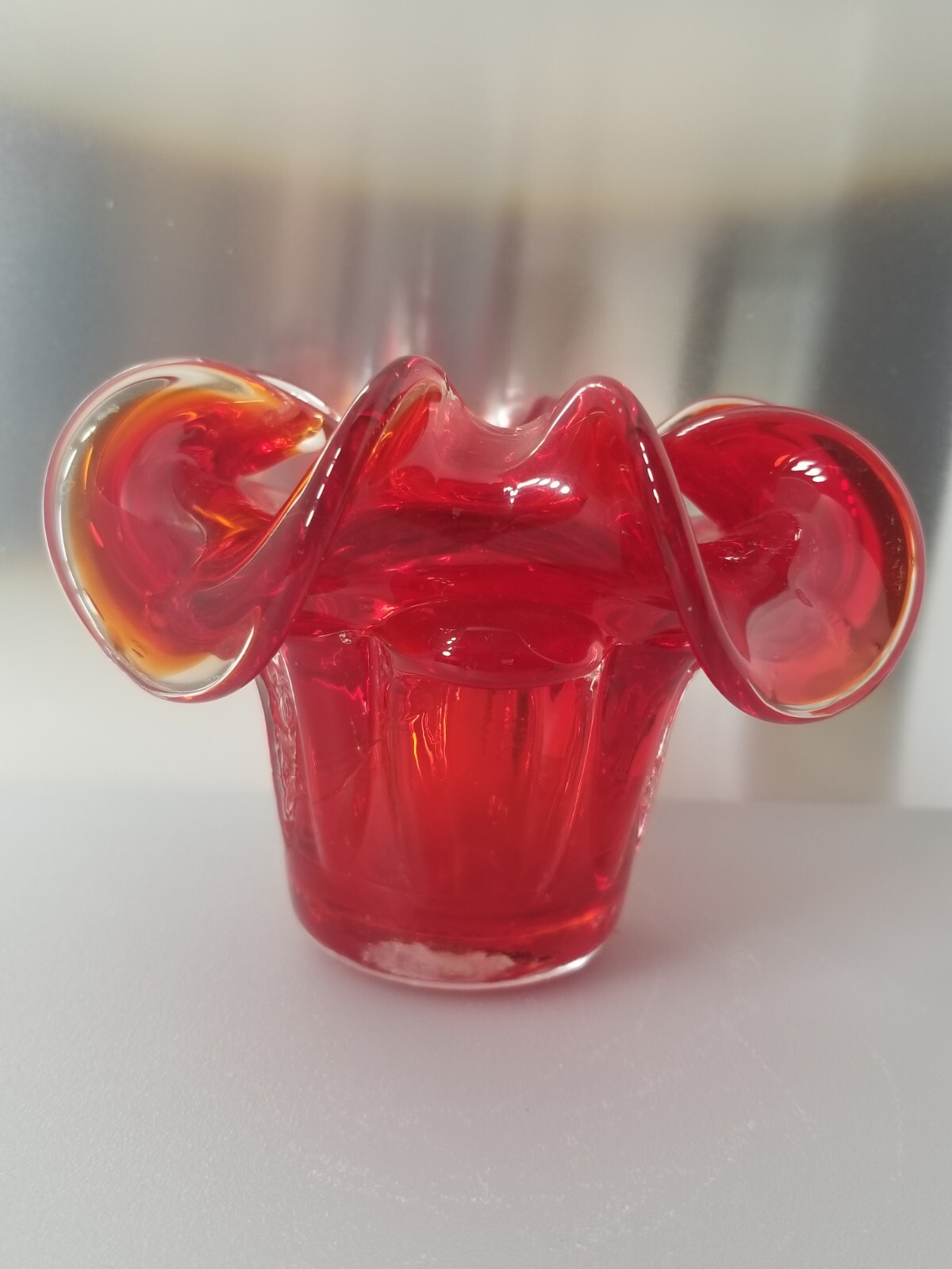 Art Glass * Pedestal Flower Tall Ashtray/Bowl Red * Cased glassroom * 4″ 070