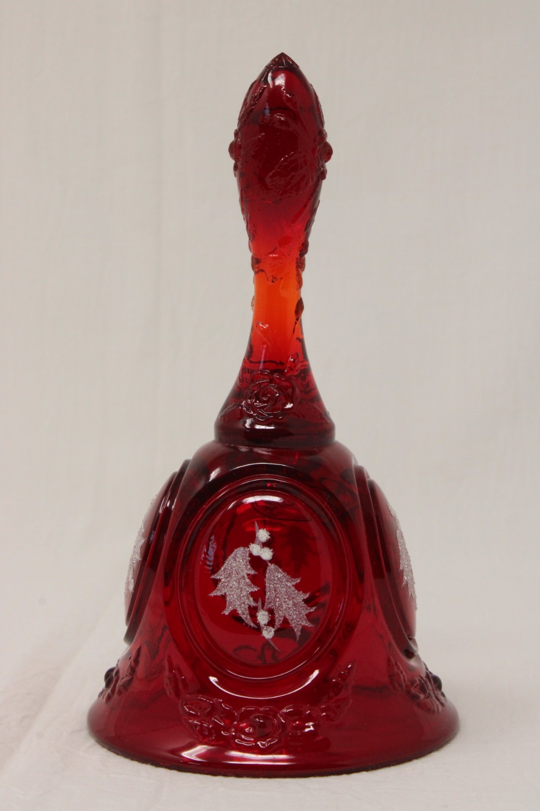 FENTON Ruby Red Iced White Holly Medallion Christmas Bell SIGNED, 6.75″ Tall EC