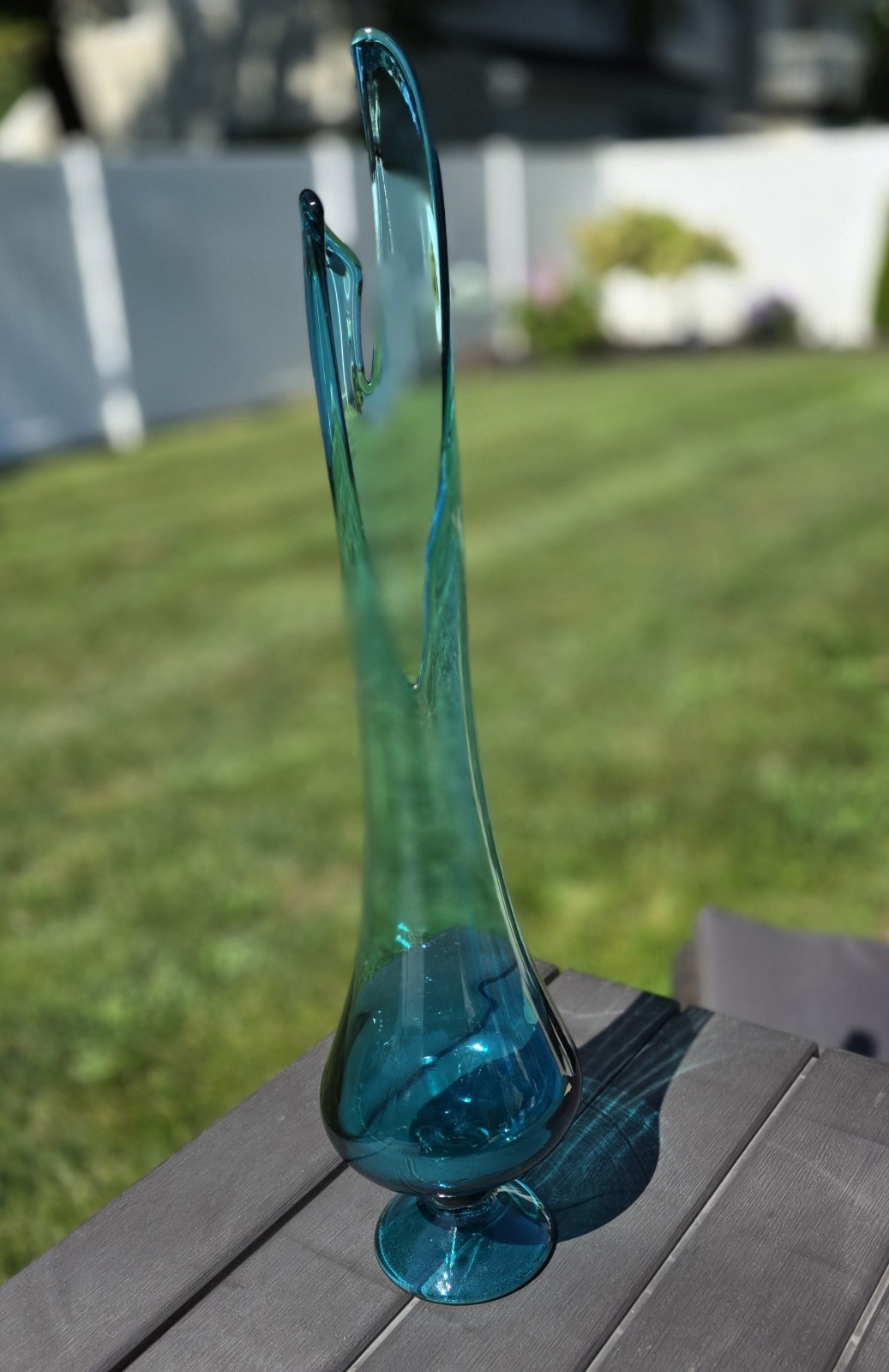 Vtg LE Smith Peacock Blue Smooth Swung Pedestal Vase 24.5” tall MCM Art Glass