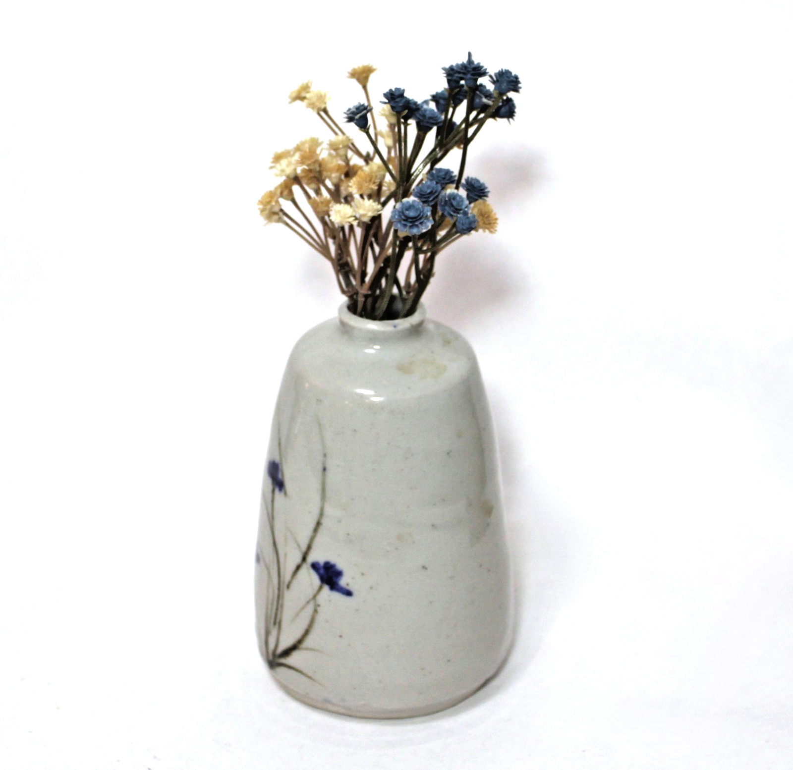 Artist Signed Pottery Vase Weed Pot Speckled Grey Hand Painted Wild Flowers