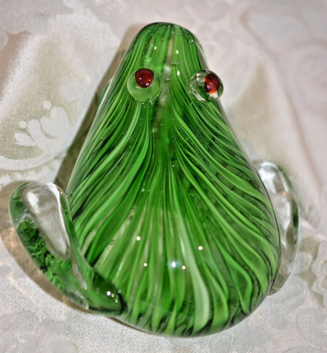 Murano Style Glass Green Stripe Frog Toad Hand Blown Mid Century Paper Weight