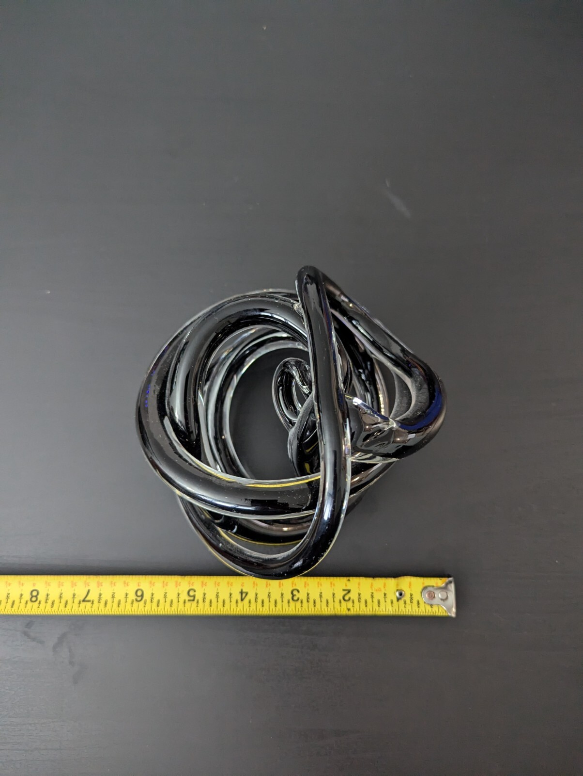 Hand Blown Art Glass Black Twisted Rope Knot Ribbed Paperweight Sculpture