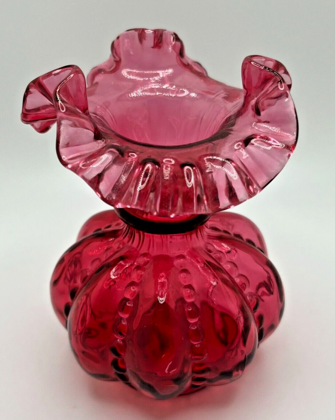 Vintage Fenton Cranberry Melon Beaded Dot Ruffled Edge Bud Vase 7.75″ Tall