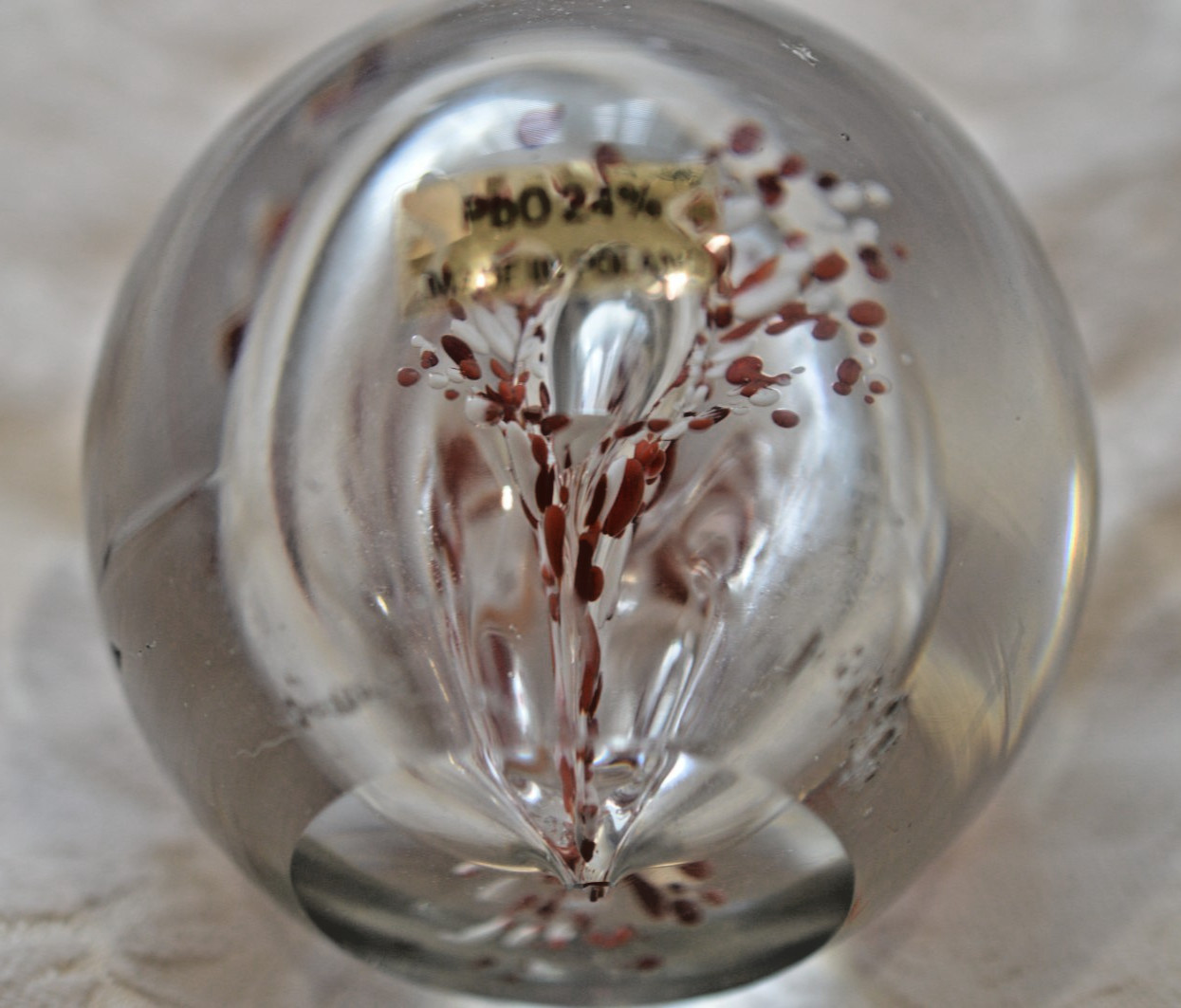 Art Glass, CLEAR WITH RED AND WHITE Paperweight – Signed Poland 3 x 3 X 3