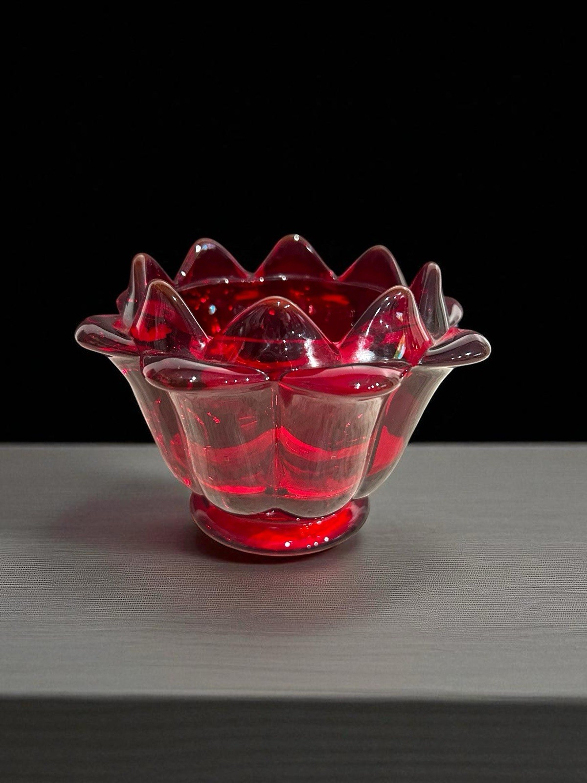 Vtg Viking Glass Ruby Red Glass MCM Flower Lotus Shapes Votive Holder Cadmium