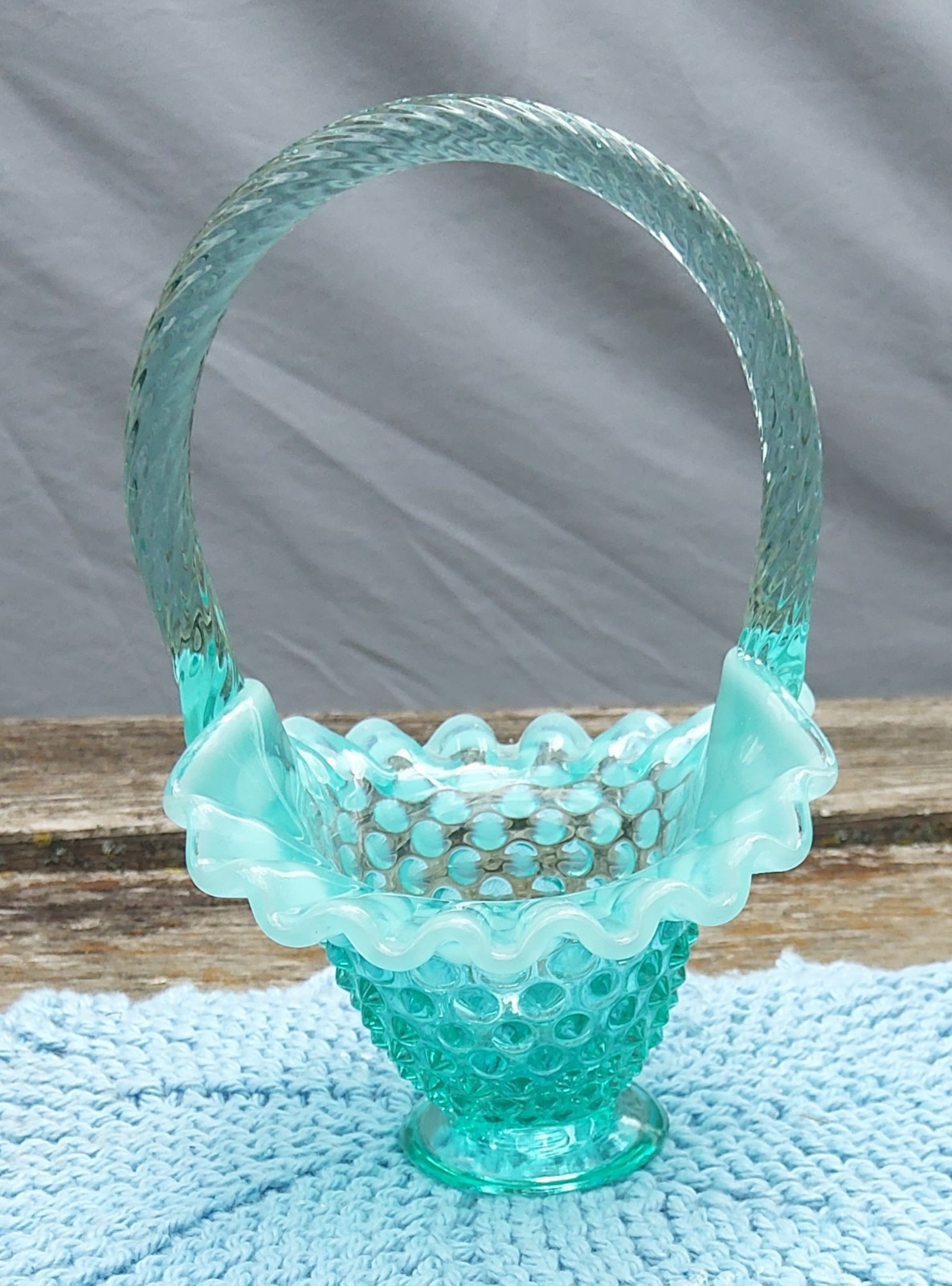 Fenton Glass Blue Opalescent Hobnail 6″ Basket Ruffled Edge Vintage