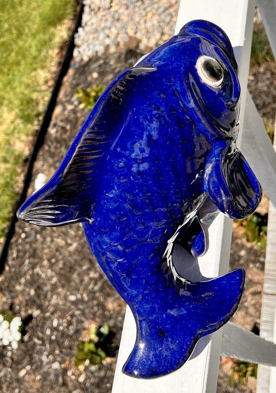 Art Pottery Cobalt Blue Fish Koi Sculpture Garden Decor World Market Approx 12”L