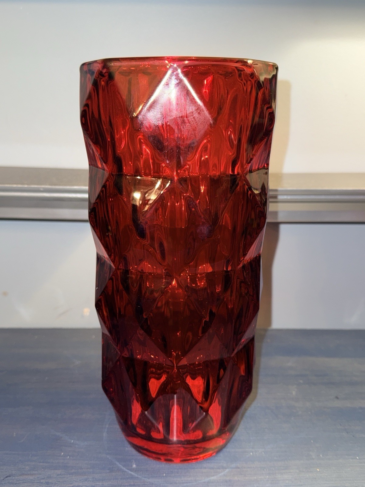 NwoT Elegant Ruby Red 10.5” Glass Vase-Ribbed Diamond Pattern