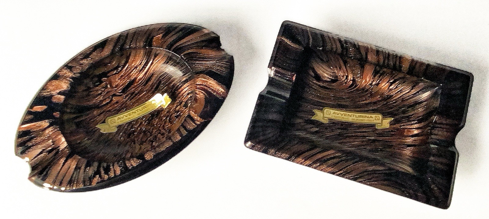V Nason Murano Avventurina Copper Art Glass Ashtray Set Italy Label V