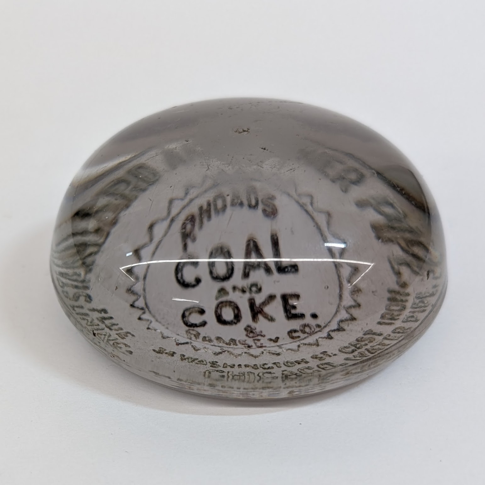 Antique Advertising Chicago Coal & Coke Glass Paperweight Rhoads & Ramsey Co