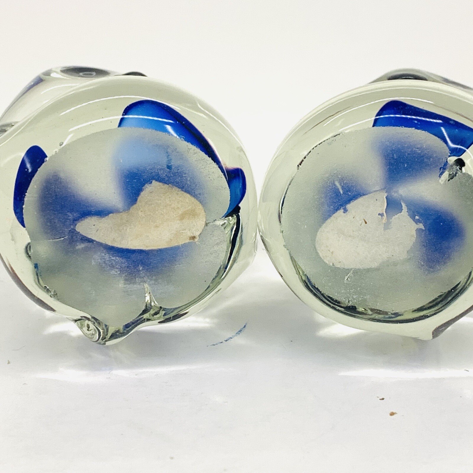 Panda Bears Set 2 Glass Paperweights Clear With Blue Swirl in Belly 2.25” Tall