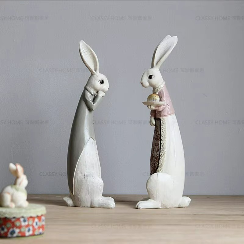 Retro Hand Painted Easter Bunny Couple Rabbits Home Decor Ornament USA Style