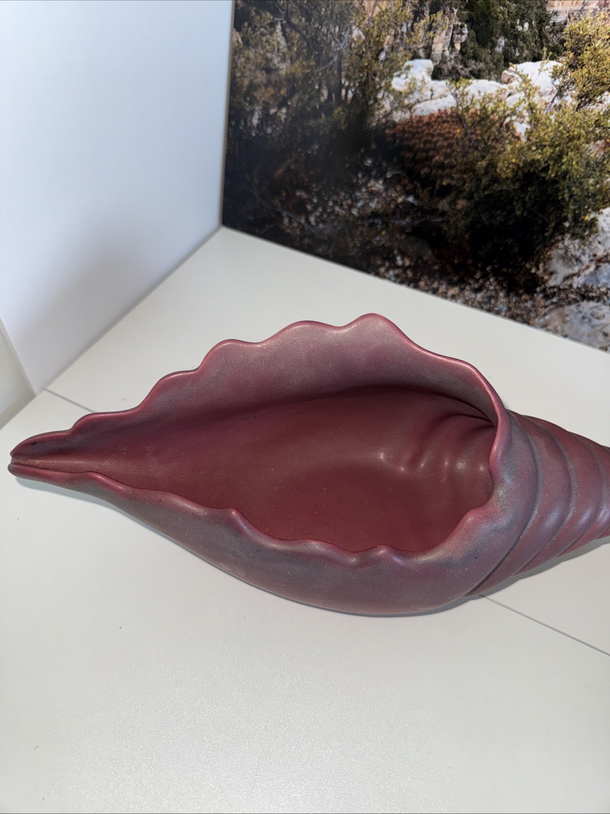 Van Briggle Pottery Conch Shell Bowl Mulberry Red Colorado Springs Signed 12 in