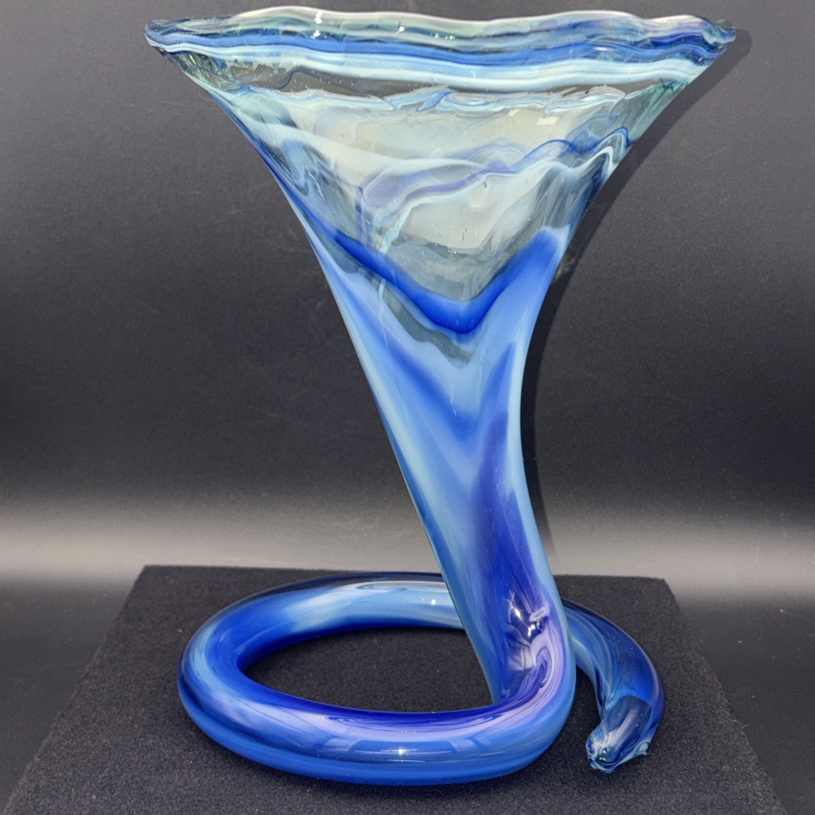 Vintage MCM Blue Swirl Art Glass Trumpet Vase 8″ Coiled Base Sooner Murano Style