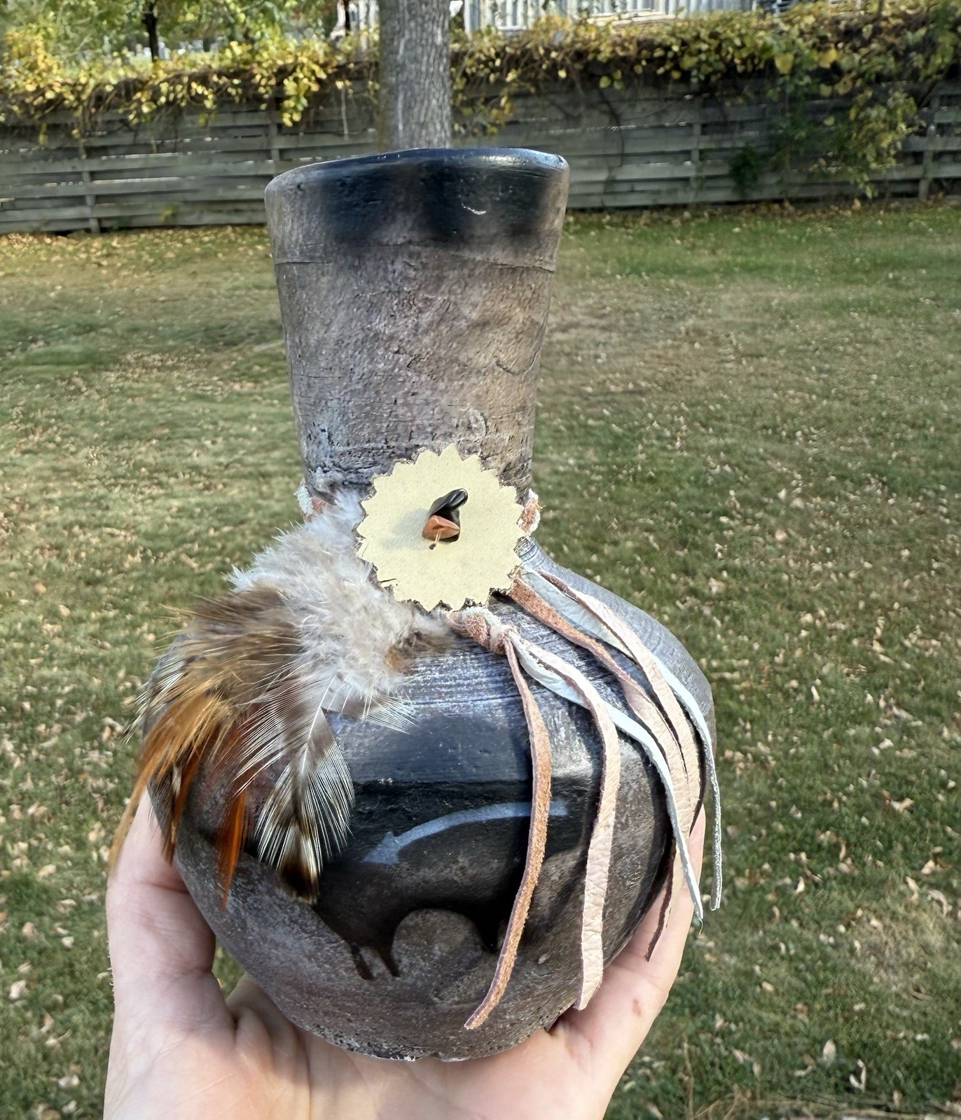 Native American Style Pottery Vase With Feathers