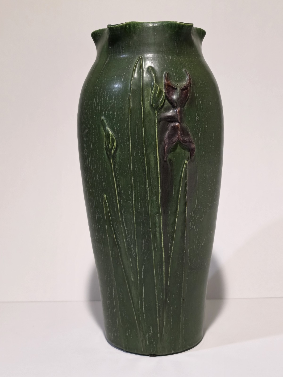 Ephraim Faience Raised Iris Vase Signed By Kevin Hicks 11.5″ Green Glossy Finish